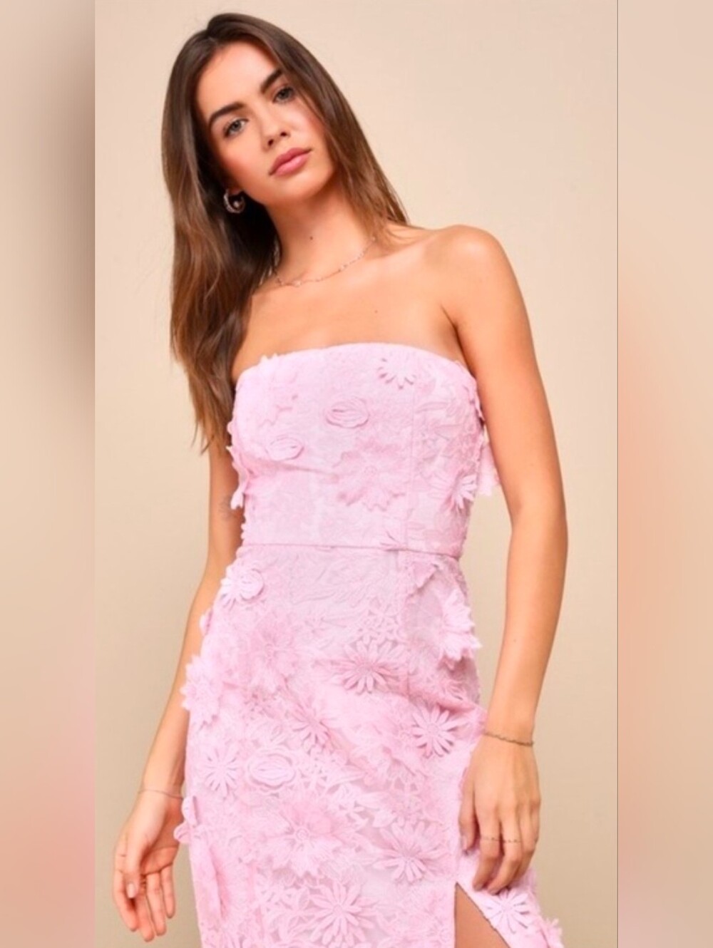 NWT Lulu's Strapless Pink Lace Appliqué Midi Dress Size S